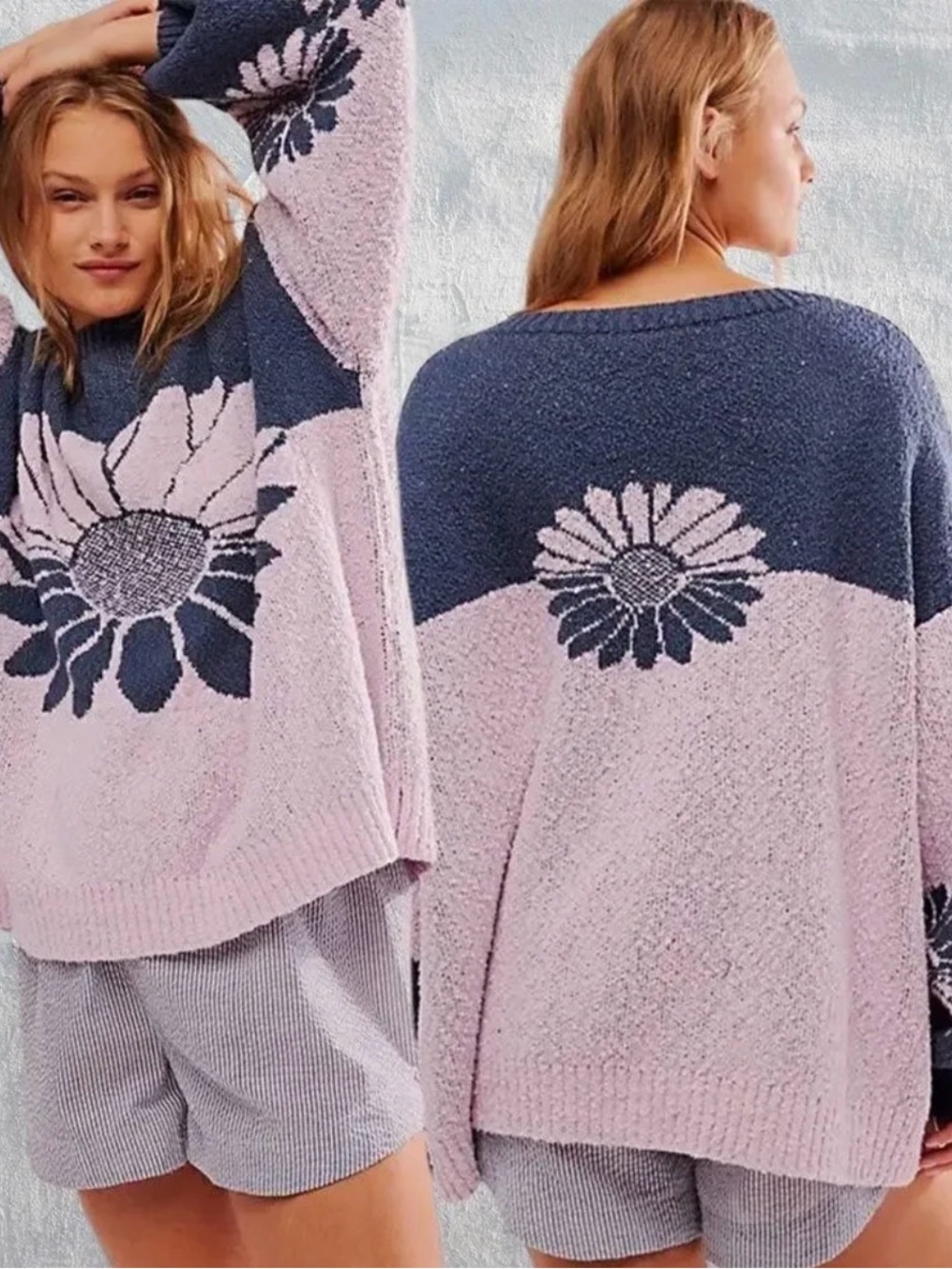 Free People Pink & Navy Daisy Colorblock Crewneck Sweater